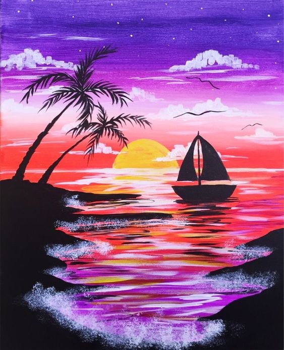 Aesthetic acrylic painting for beginners  easy sunset seascape painting on round  canvas 