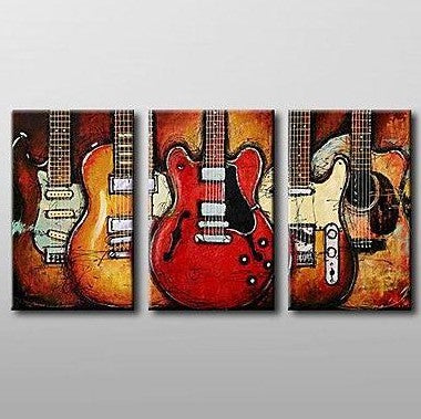 Modern Abstract Painting, 3 Piece Canvas Art, Red Abstract Painting, Electric Guitar Painting, Canvas Painting for Living Room