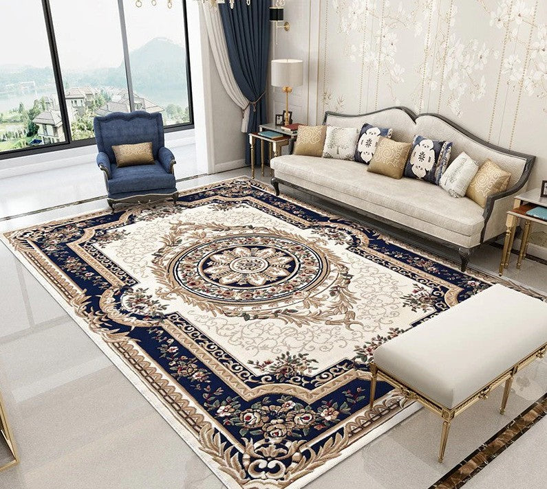 Large Luxury Blue Rugs for Living Room, Rustic Flower Pattern Floor Carpets for Farmhouse, Thick and Soft Rugs under Coffee Table, Royal Modern Rugs for Bedroom