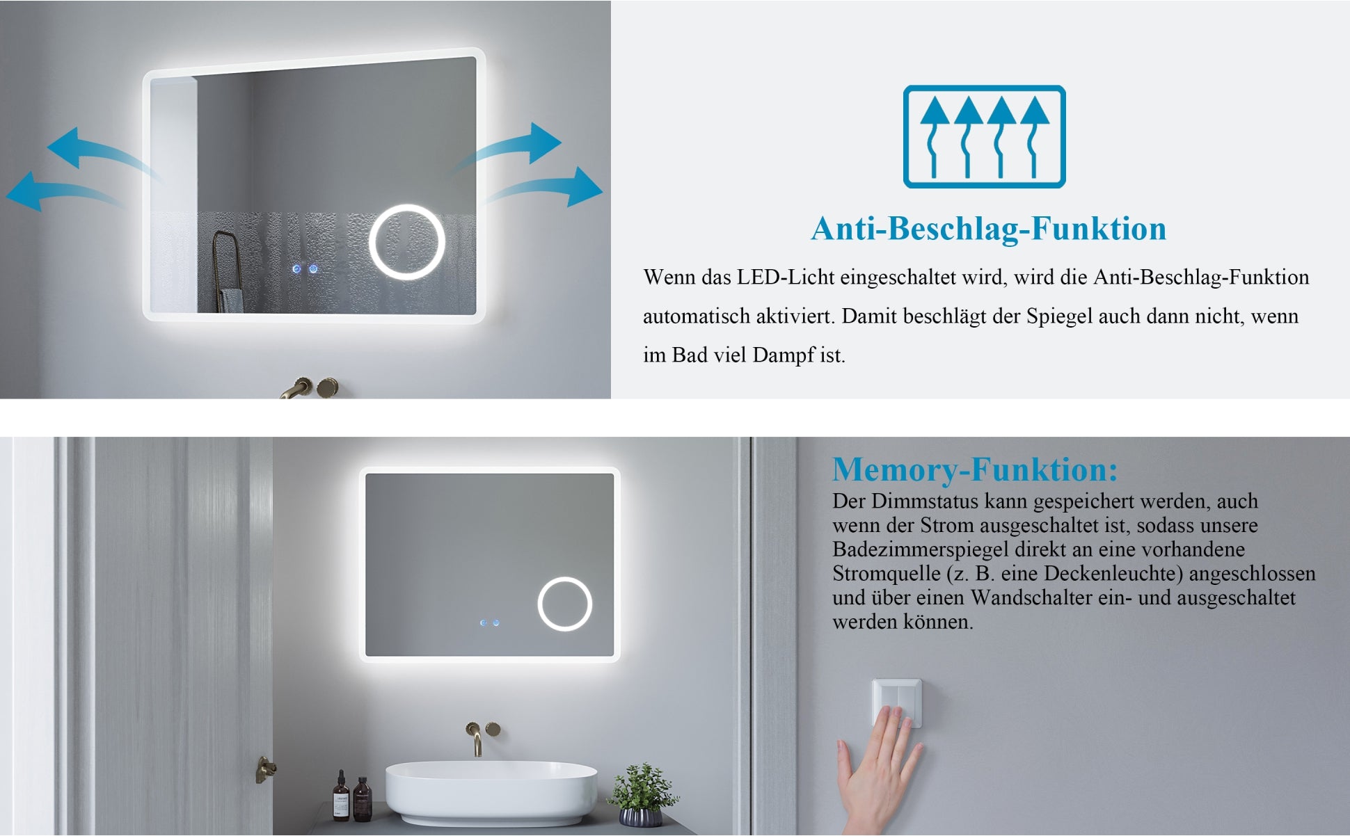 LED Badspiegel Beleuchtet mit Kosmetikspiegel - AQUABATOS