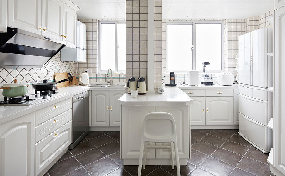 white cabinets with gold handles