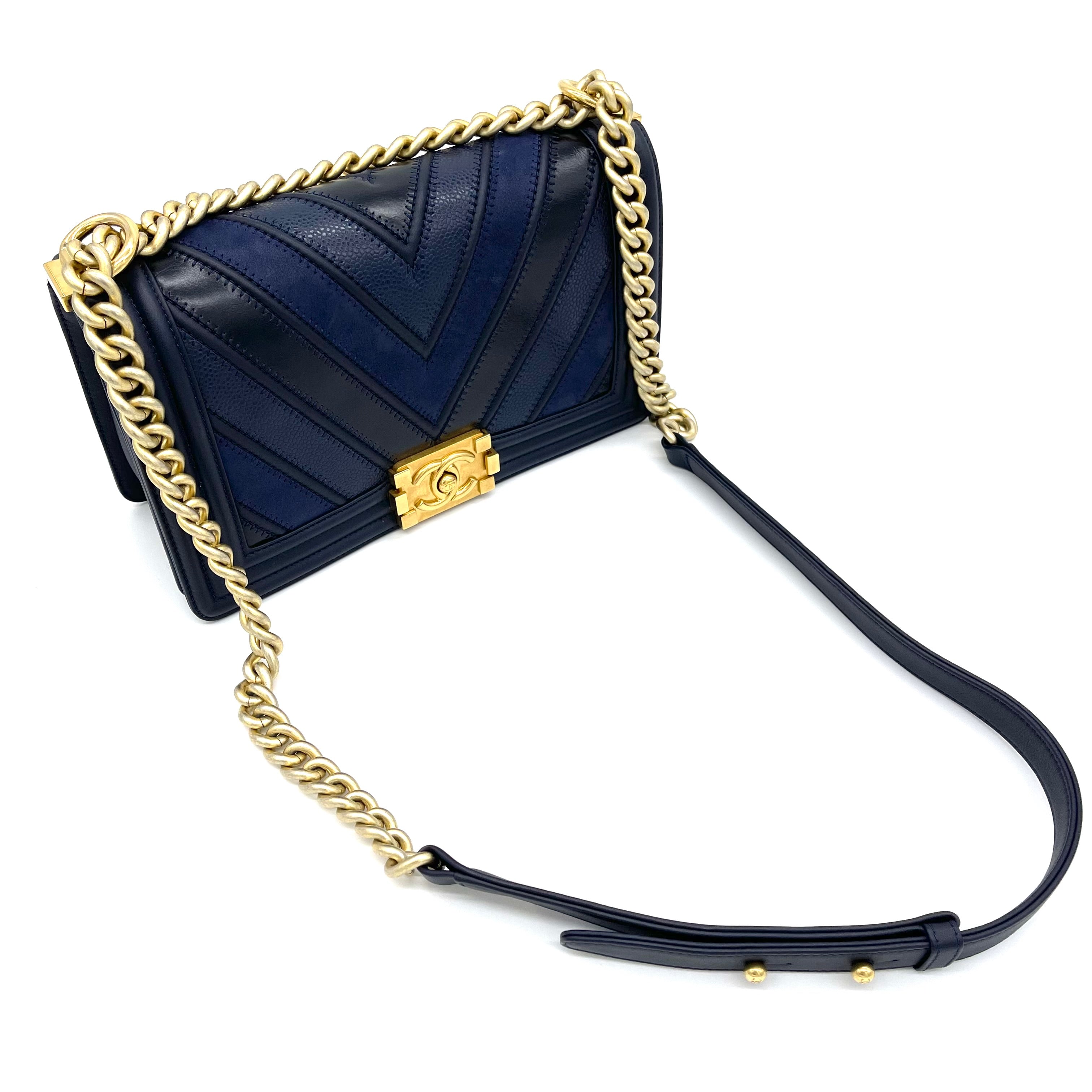 CHANEL 2017 Navy Mixed Leather Patchwork Chevron Medium Boy Bag