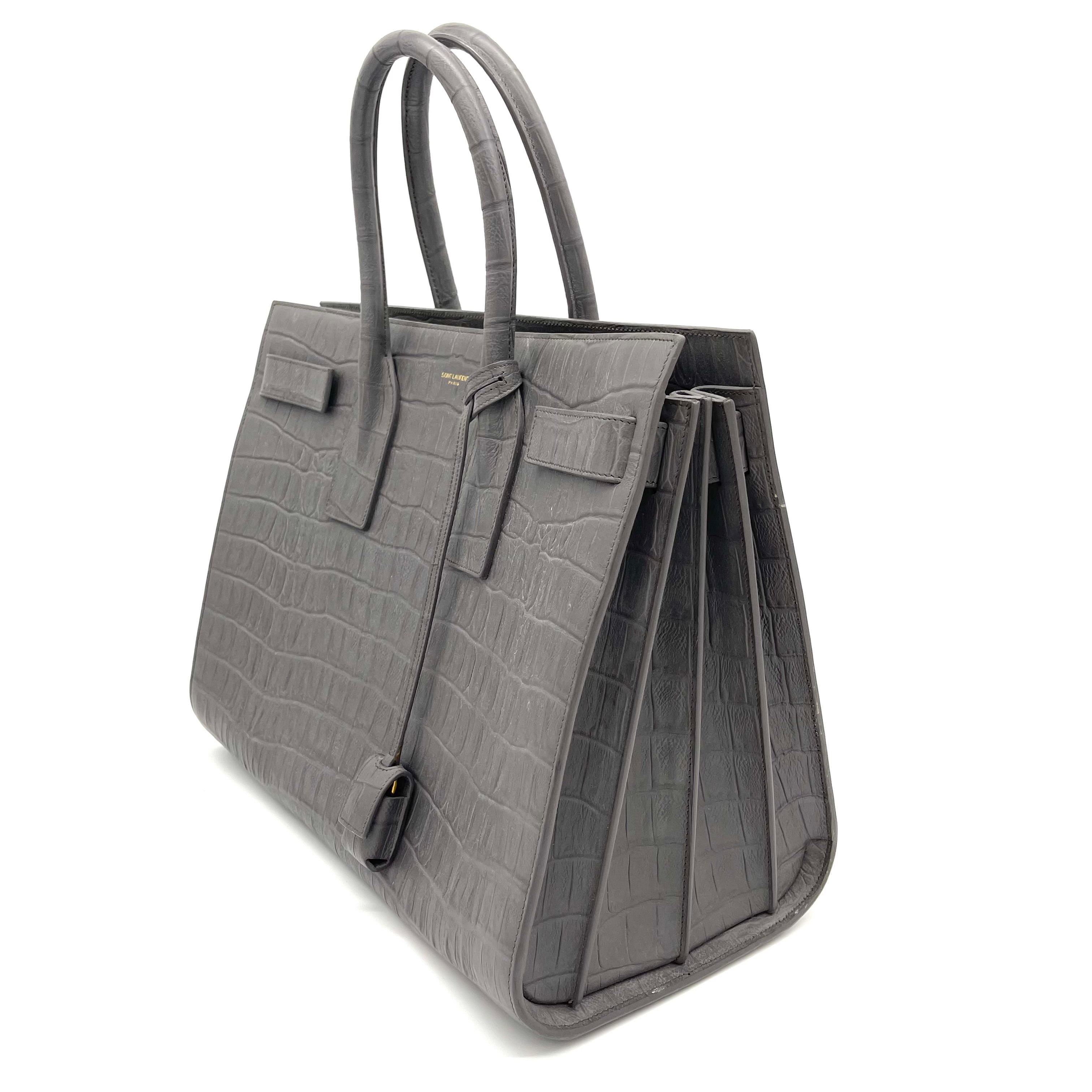 SAINT LAURENT SAC DE JOUR LARGE IN CROCODILE-EMBOSSED LEATHER GRAY