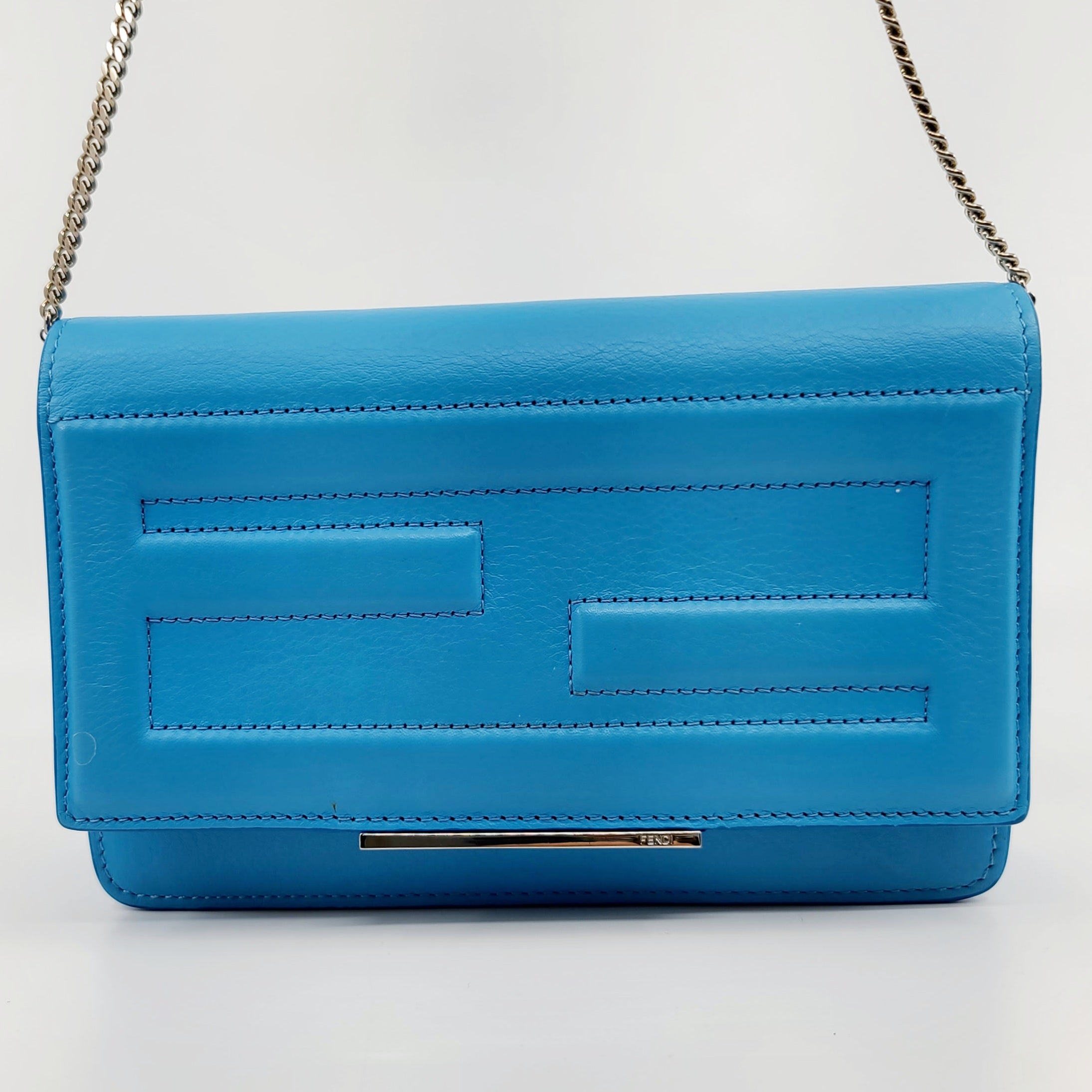 FENDI Wallet On Chain Flap Vitello Tube Blue Leather Cross Body Bag