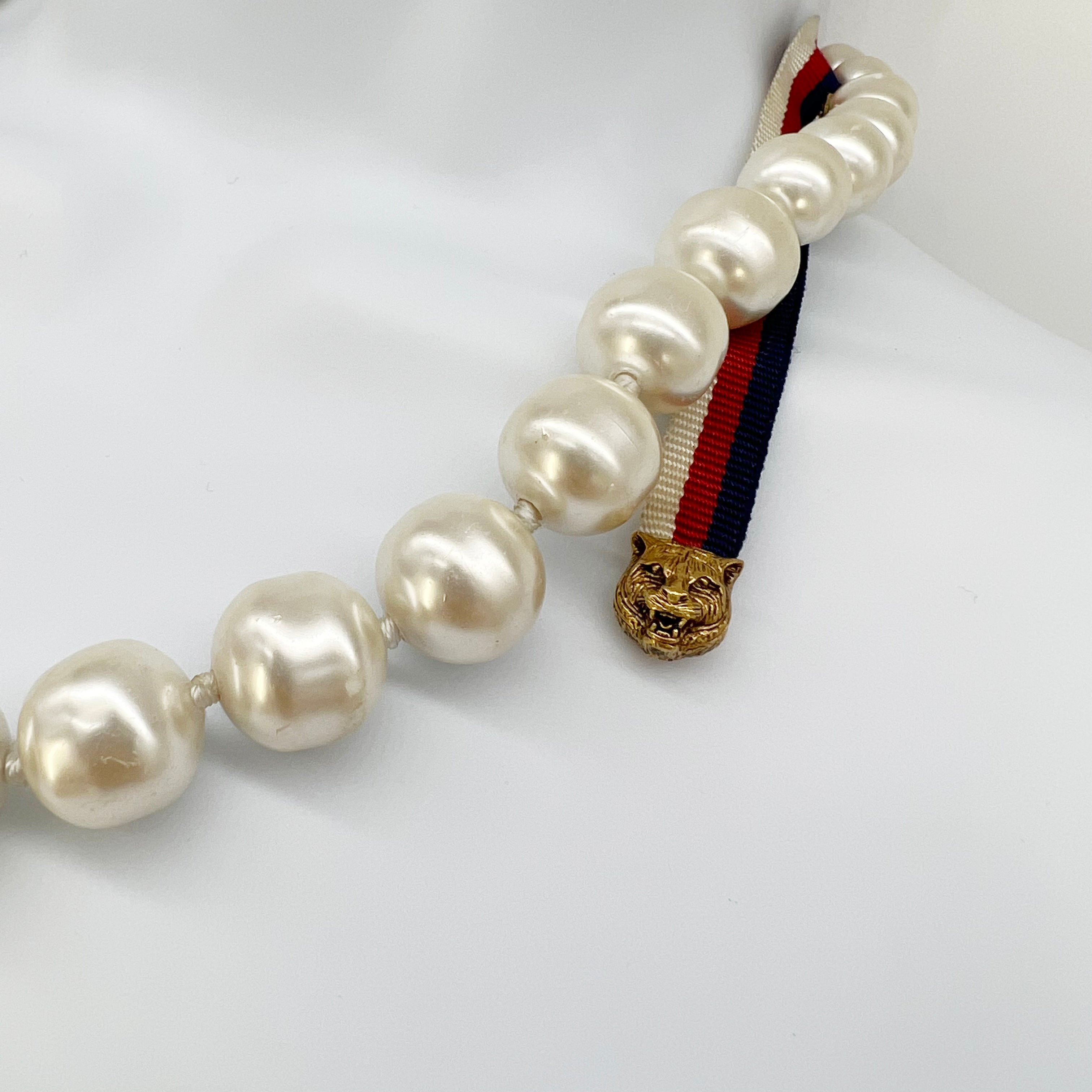 Guaranteed Authentic Gucci Faux Pearl Necklace with Ribbon with Feline Head Appx 10