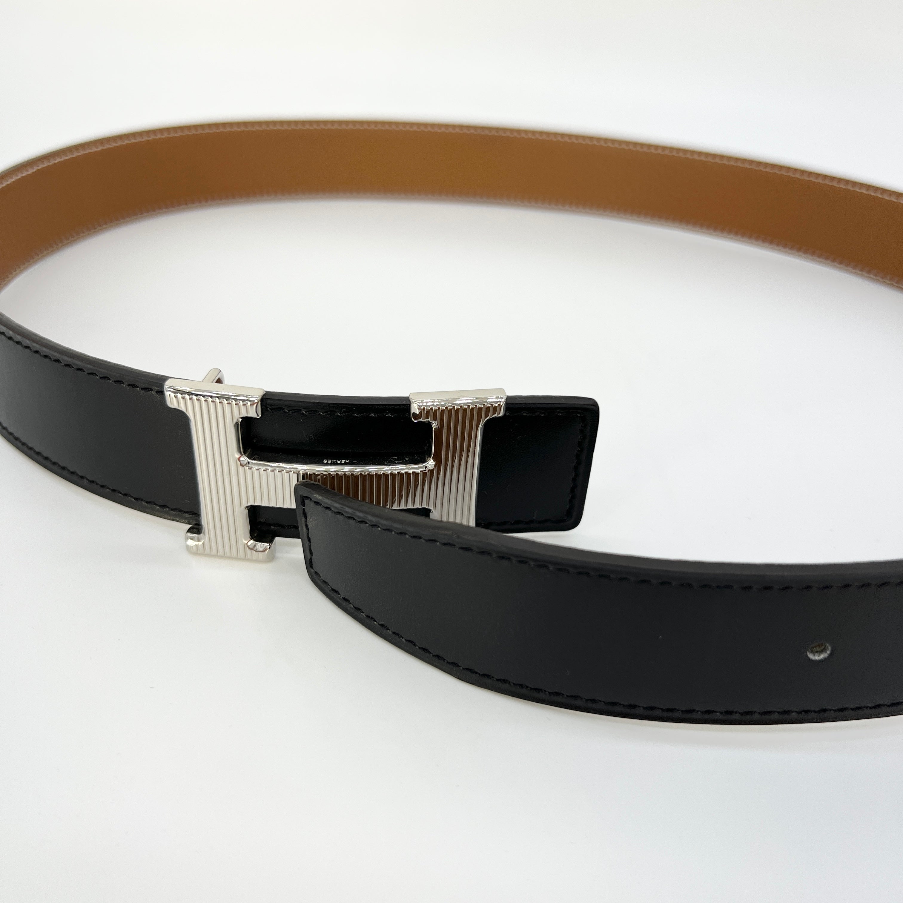 Hermes H Strie Buckle Reversible Belt Leather Medium 85 Black/Brown [Guaranteed Authentic]
