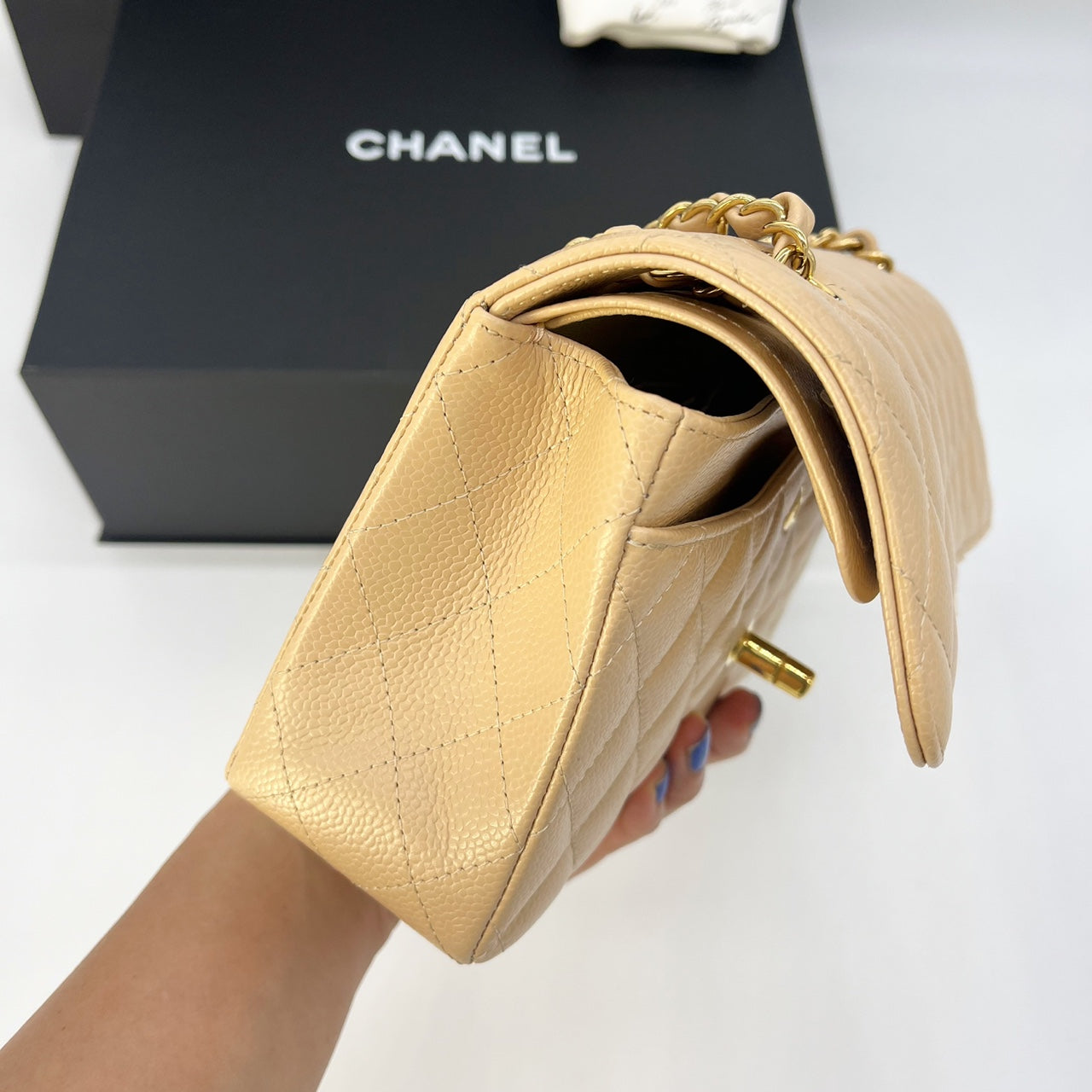 Guarantee authentic Chanel Classic Medium Quilted Caviar Double Flap Gold Hardware Chain Shoulder Bag/Beige