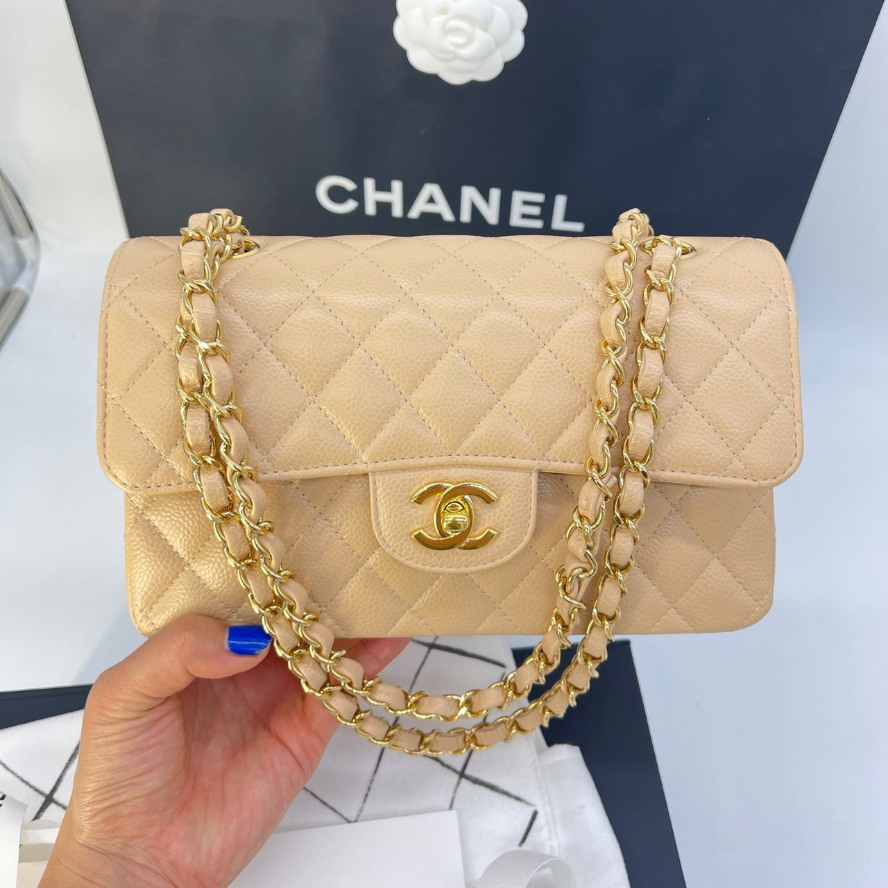 Guarantee authentic Chanel Classic Medium Quilted Caviar Double Flap Gold Hardware Chain Shoulder Bag/Beige