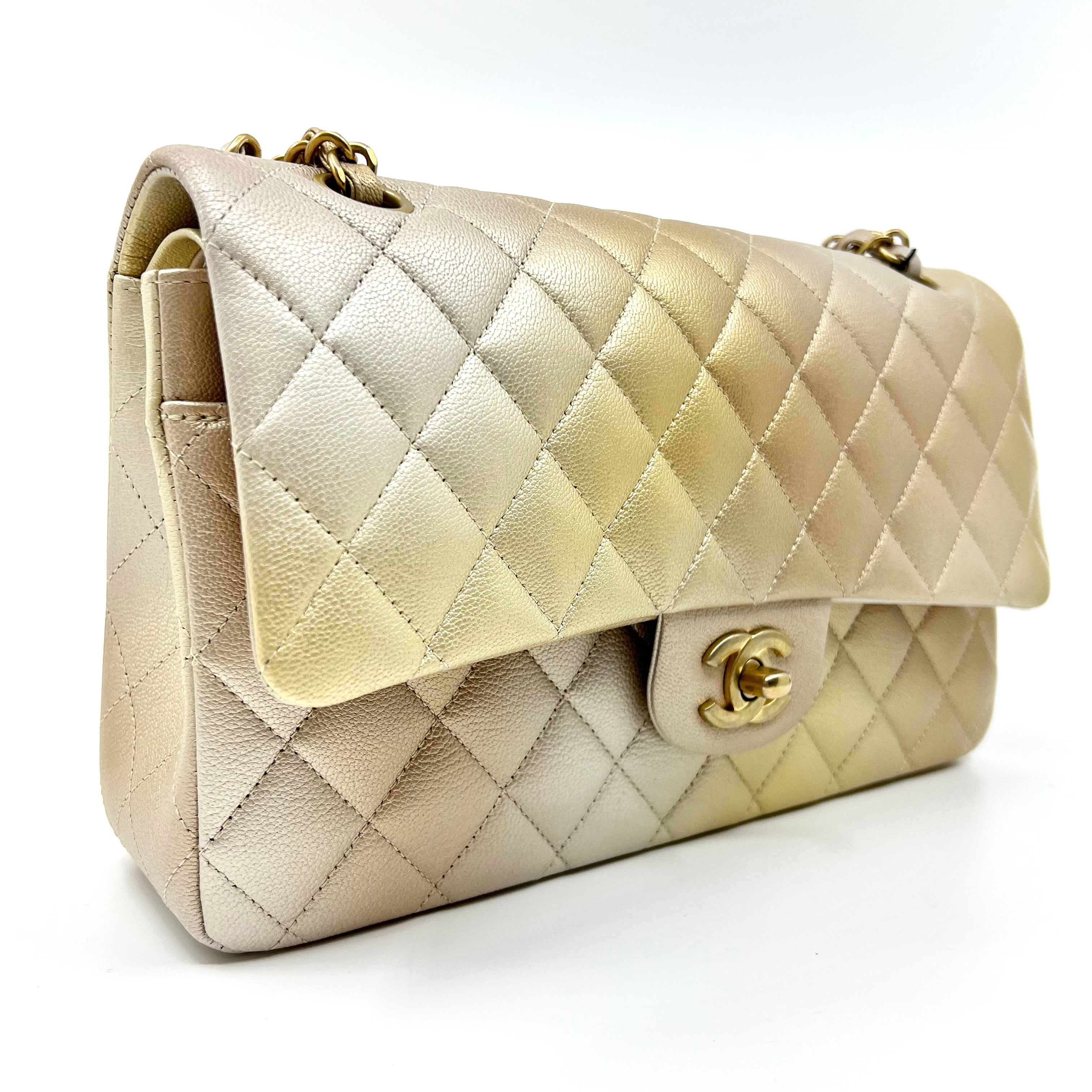 2022 Year CHANEL Classic Iridescent Lambskin Quilted Medium Double Flap Beige/Golden Handbag