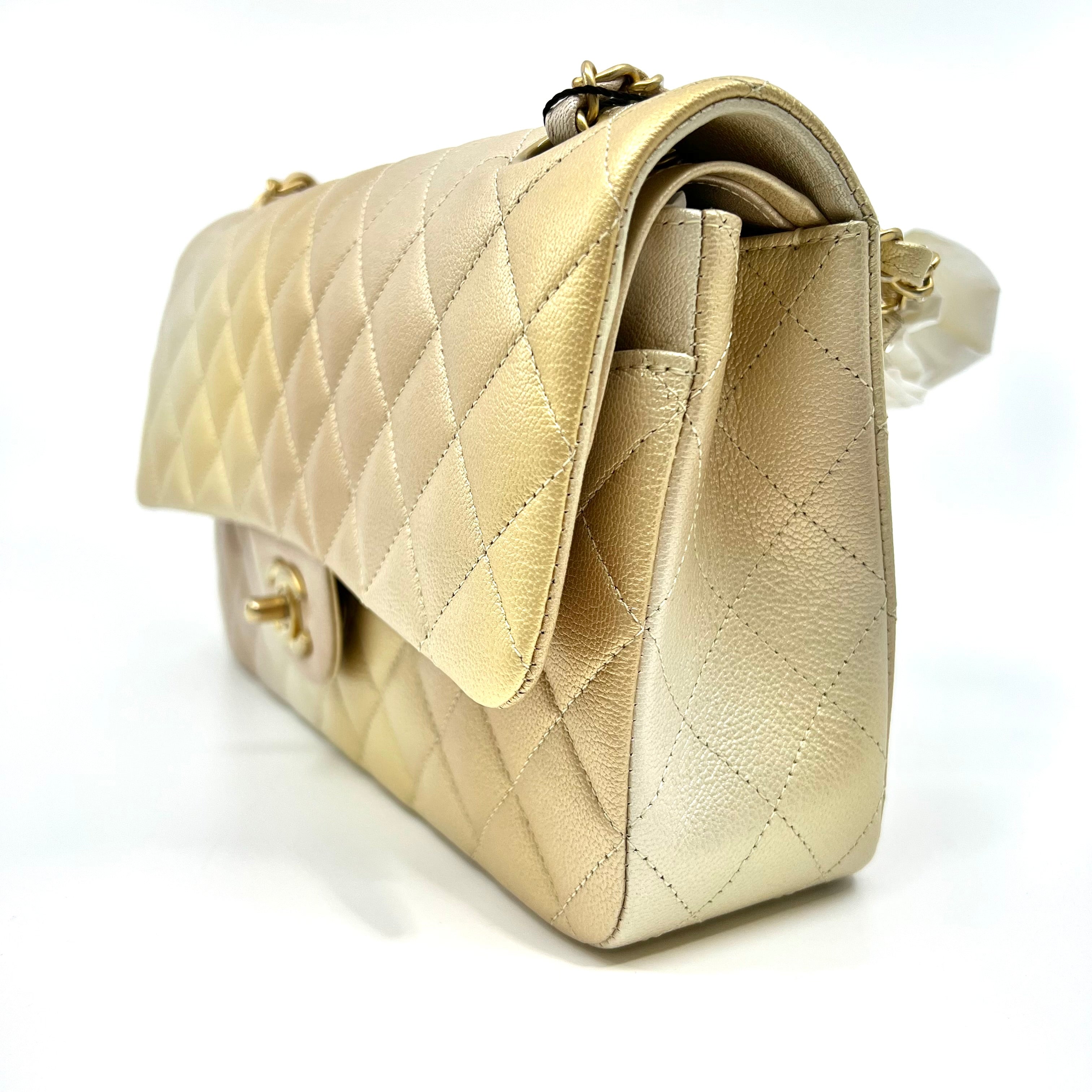 2022 Year CHANEL Classic Iridescent Lambskin Quilted Medium Double Flap Beige/Golden Handbag