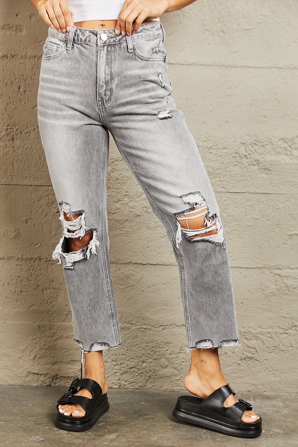 Cassie - High Waisted Cropped Straight Jeans - Bayeas