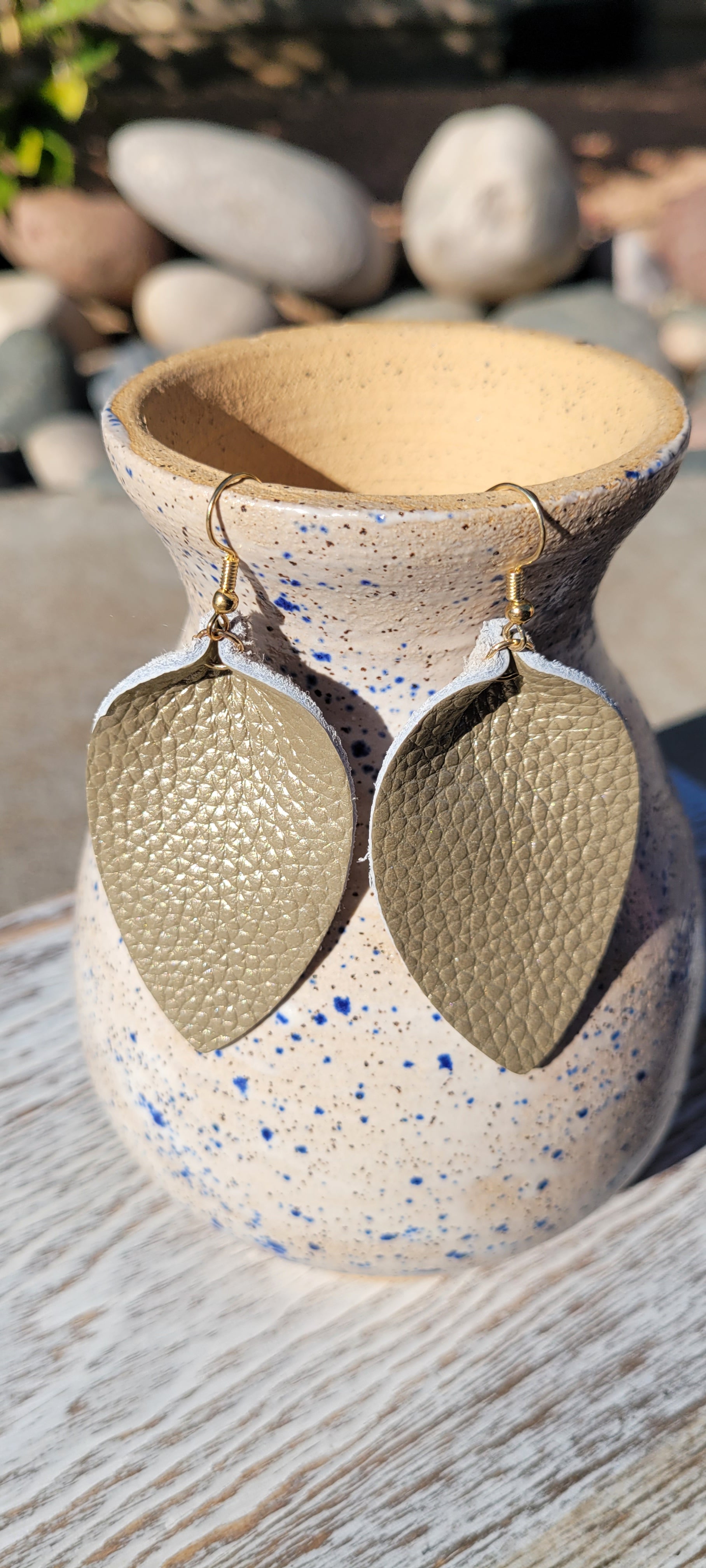 Gold Teardrop Pinched Leather Earrings