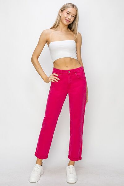 Jasmine - High Waist Rolled Hem Straight Jeans - Fuchsia - Risen - Exclusively Online