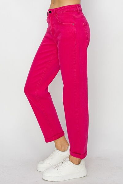 Jasmine - High Waist Rolled Hem Straight Jeans - Fuchsia - Risen - Exclusively Online