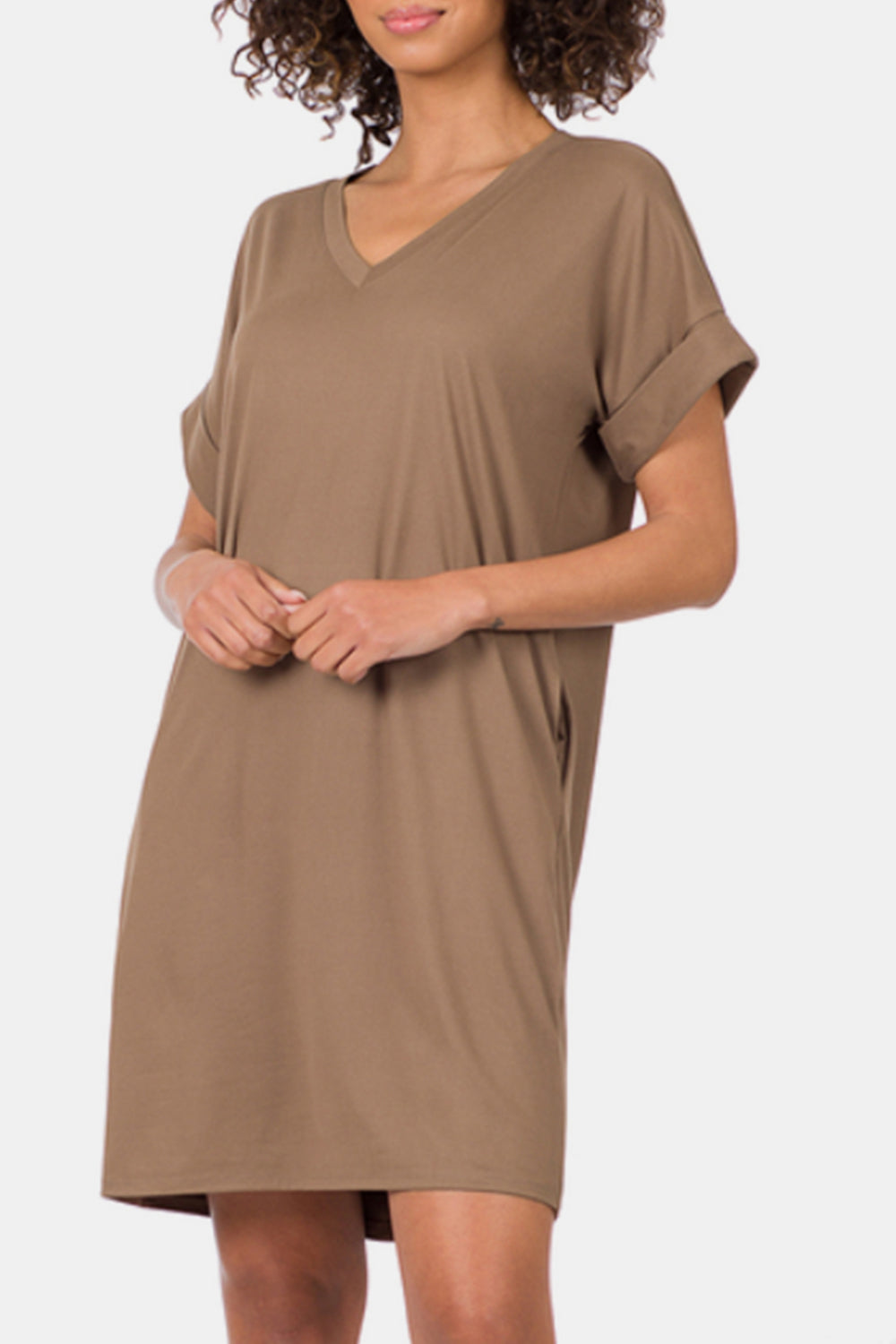 Adriana - Rolled Short Sleeve V-Neck Dress - Mocha - Exclusively Online