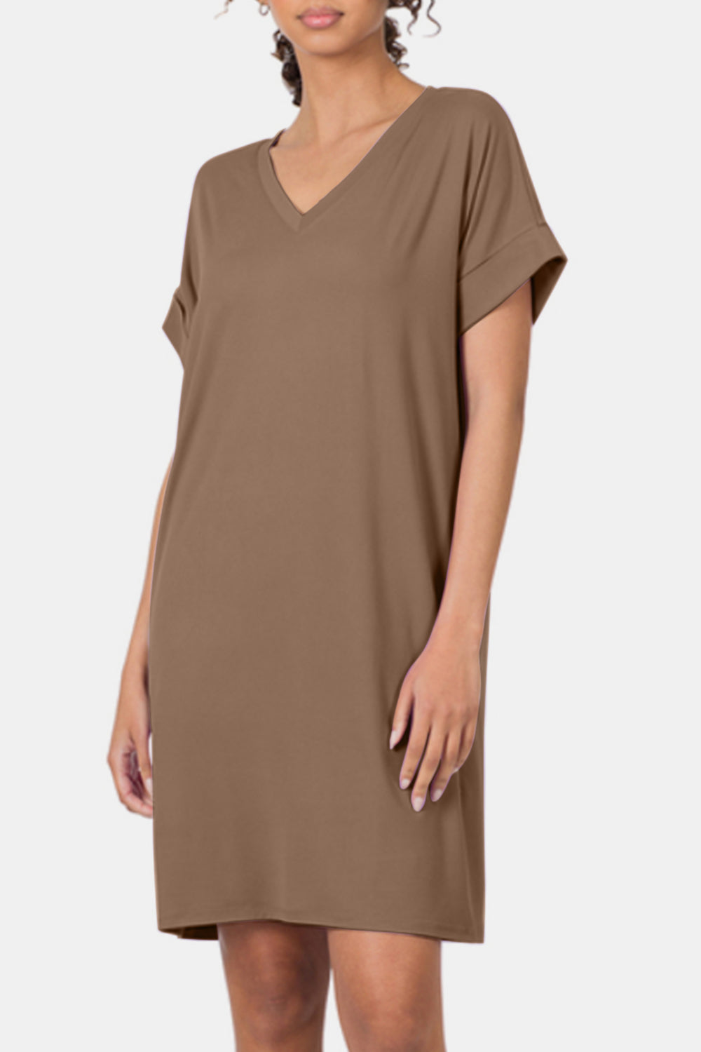 Adriana - Rolled Short Sleeve V-Neck Dress - Mocha - Exclusively Online