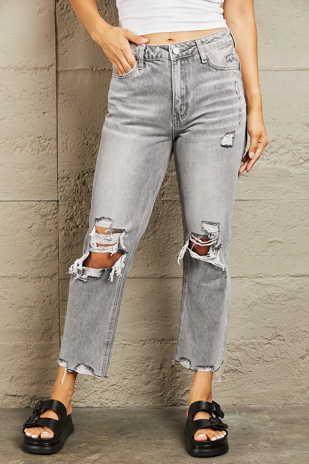 Cassie - High Waisted Cropped Straight Jeans - Bayeas