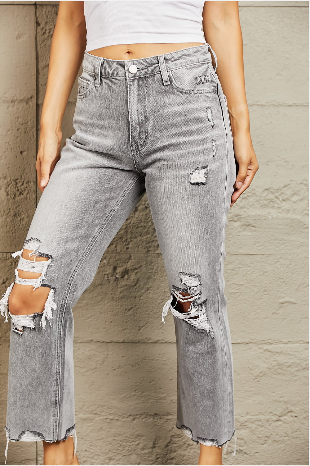 Cassie - High Waisted Cropped Straight Jeans - Bayeas