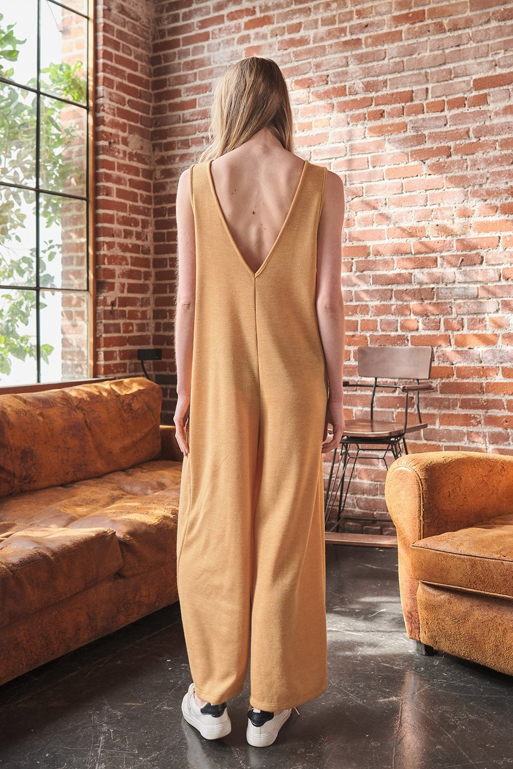 Andie - V-Neck Sleeveless Wide Leg Jumpsuit - Mustard - Exclusively Online