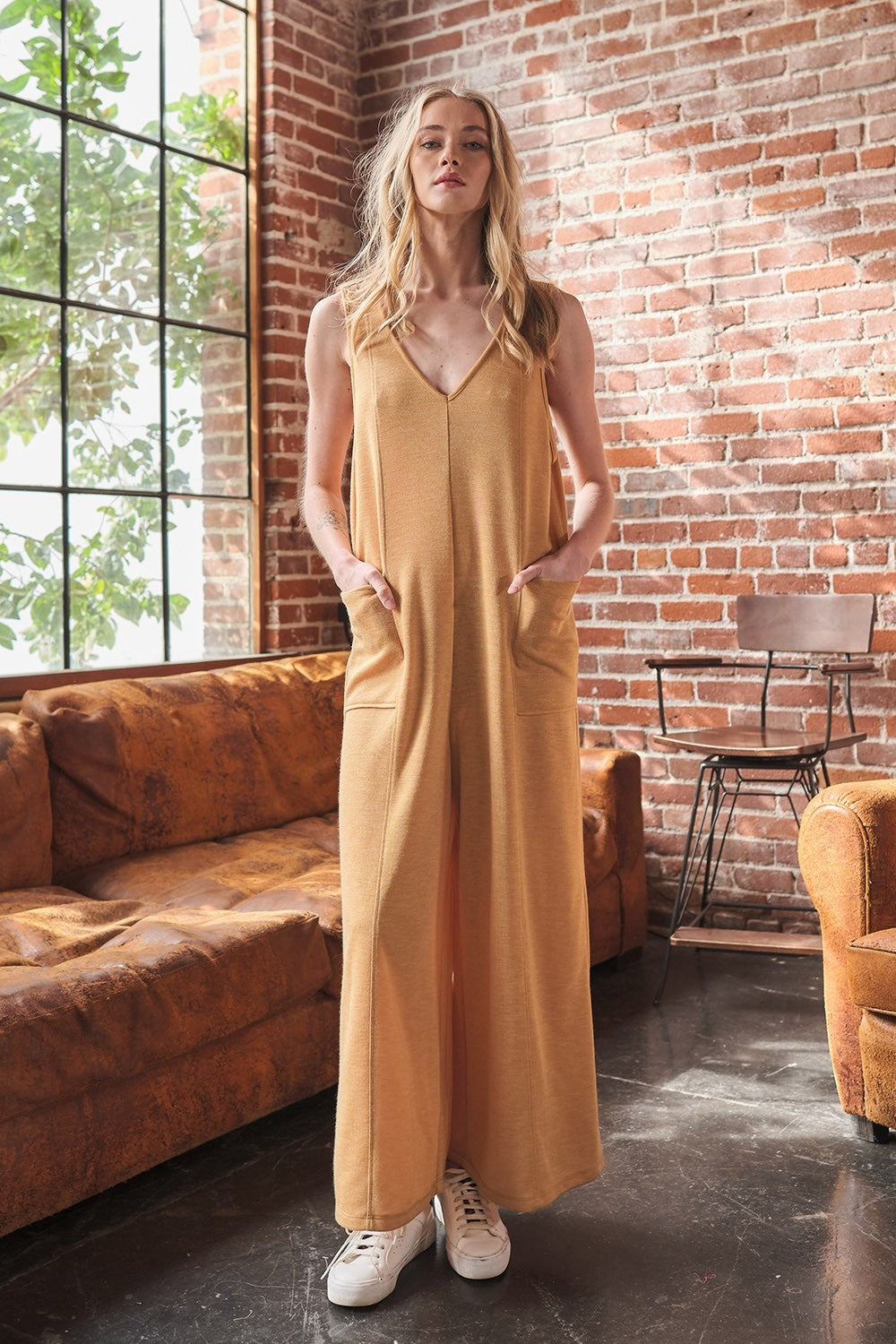 Andie - V-Neck Sleeveless Wide Leg Jumpsuit - Mustard - Exclusively Online