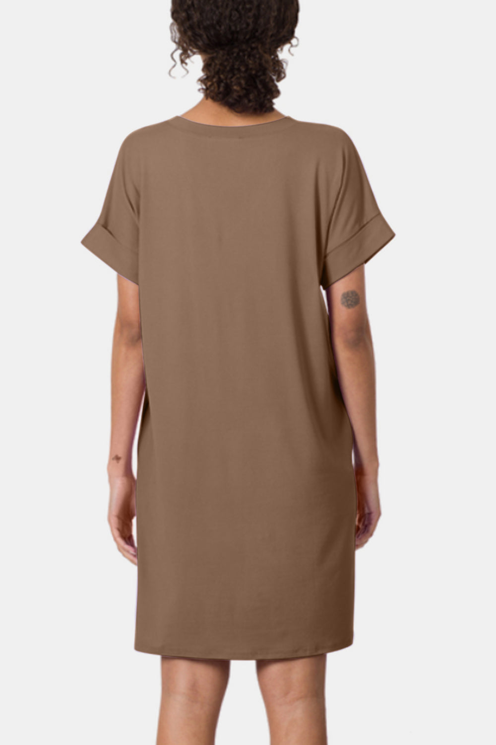 Adriana - Rolled Short Sleeve V-Neck Dress - Mocha - Exclusively Online