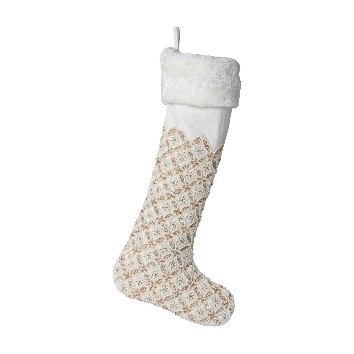 White and Beige Beaded Stocking