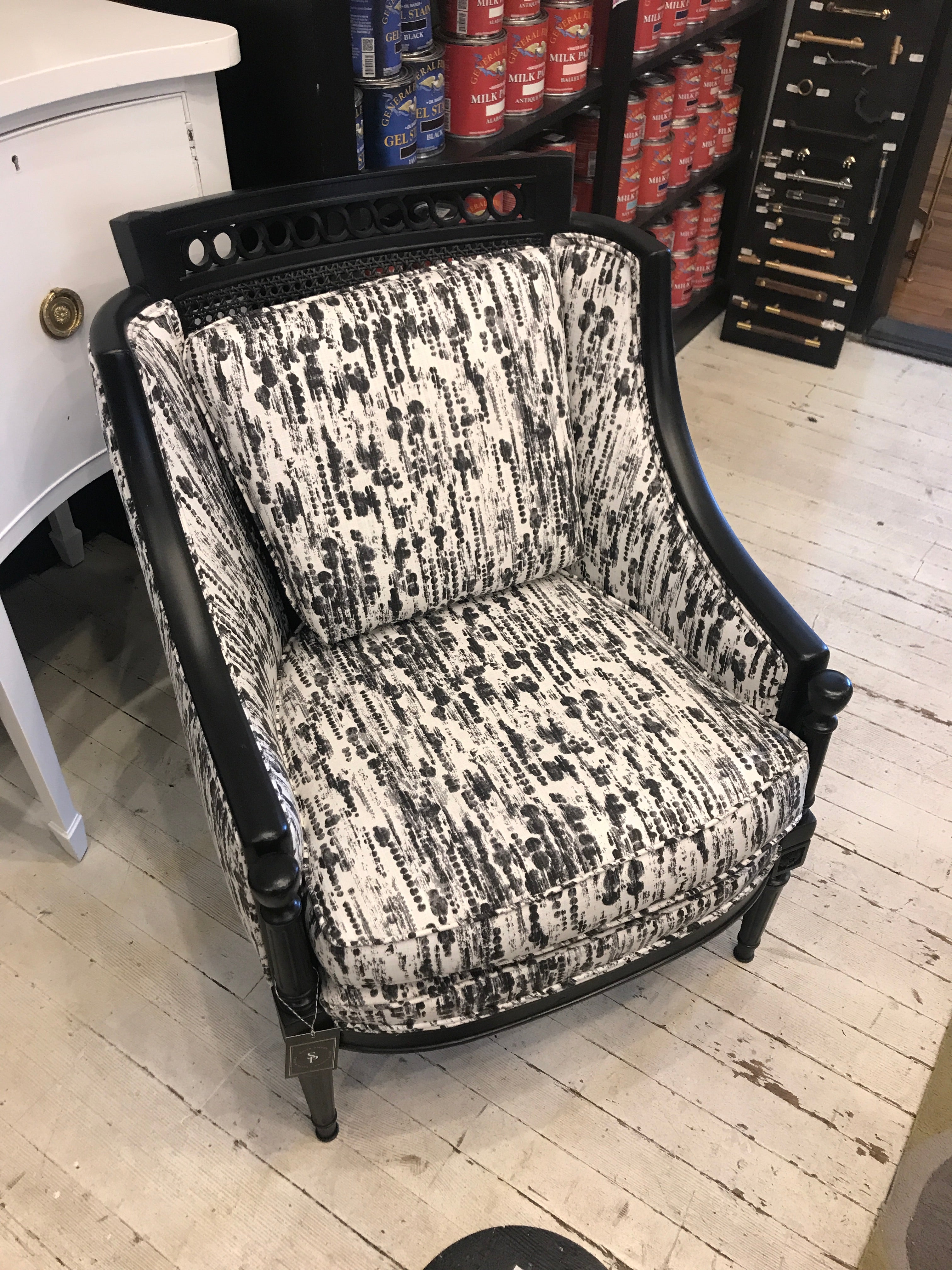 Mid-Century Black & White Chair with Designer Fabric