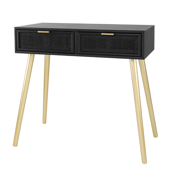 Black Console Table with Gold Legs & Black Rattan Accents