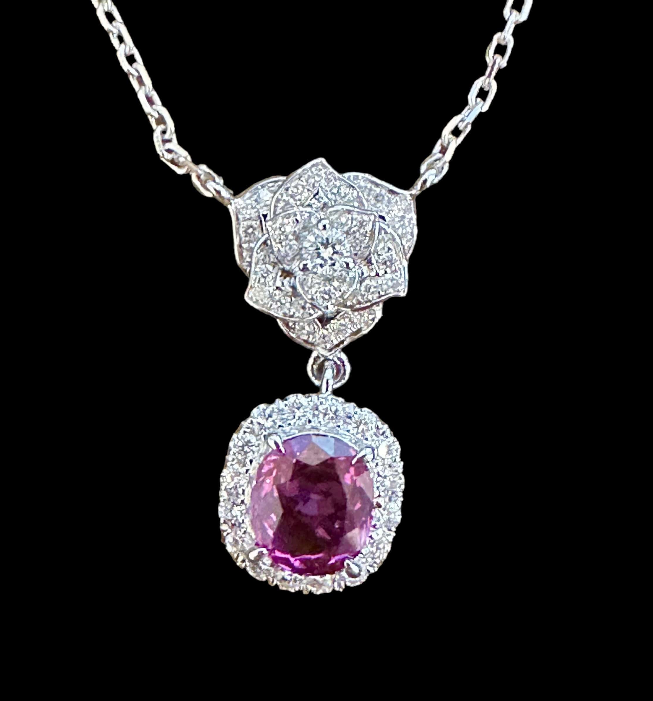 Oval Pink Sapphire Set in a Halo setting with all Diamond Flower Pendant Necklace
