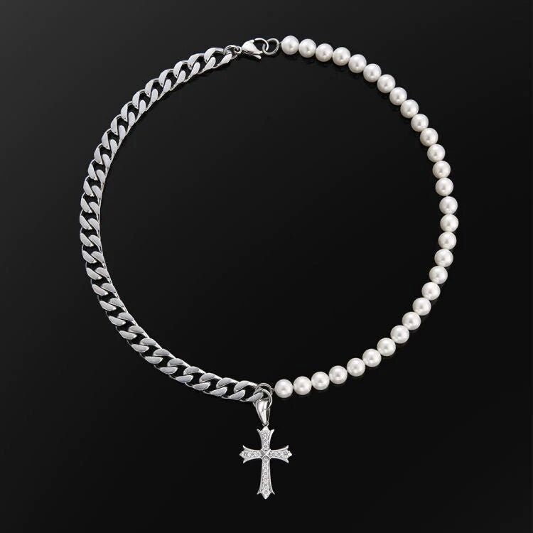 Cuban Link Pearl Necklace in White Gold with 10mm Cuban Link Chain and Diamond Cross Pendant