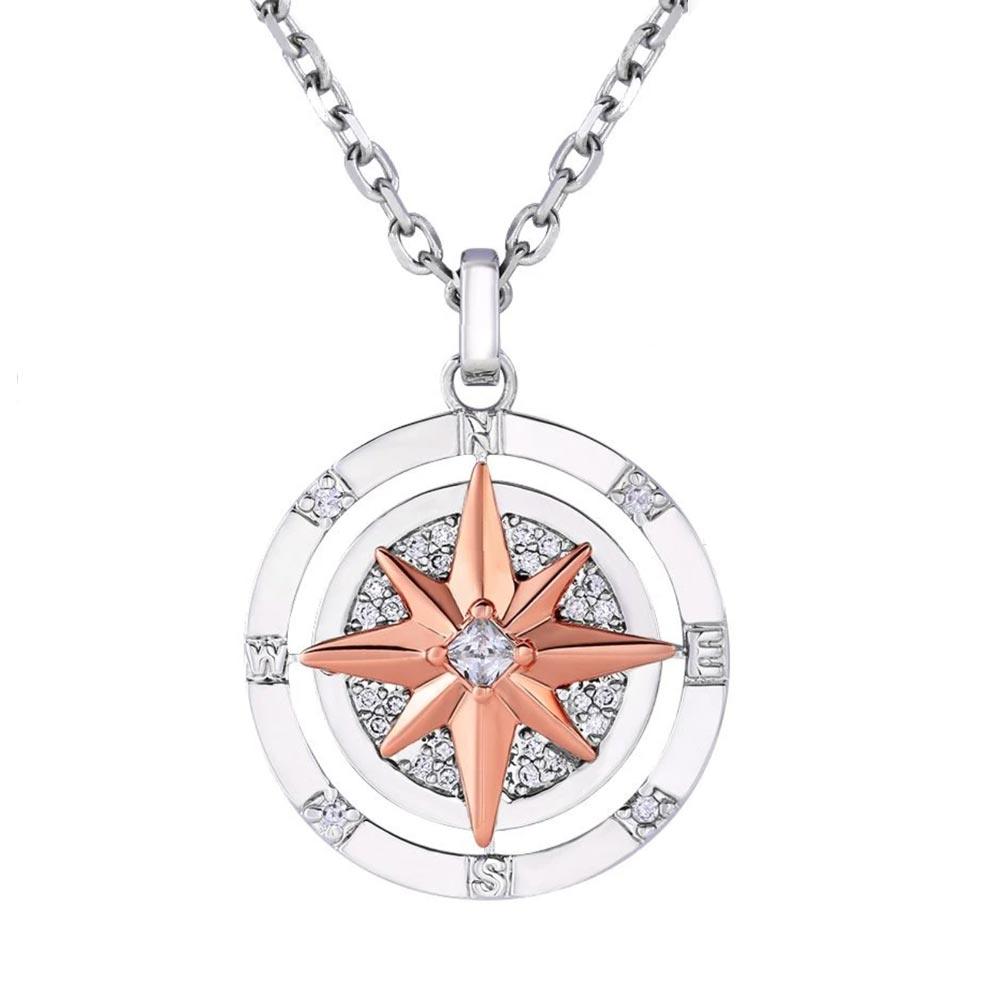 Iced Compass Pendant Necklace in White Gold/14K Gold/Rose Gold