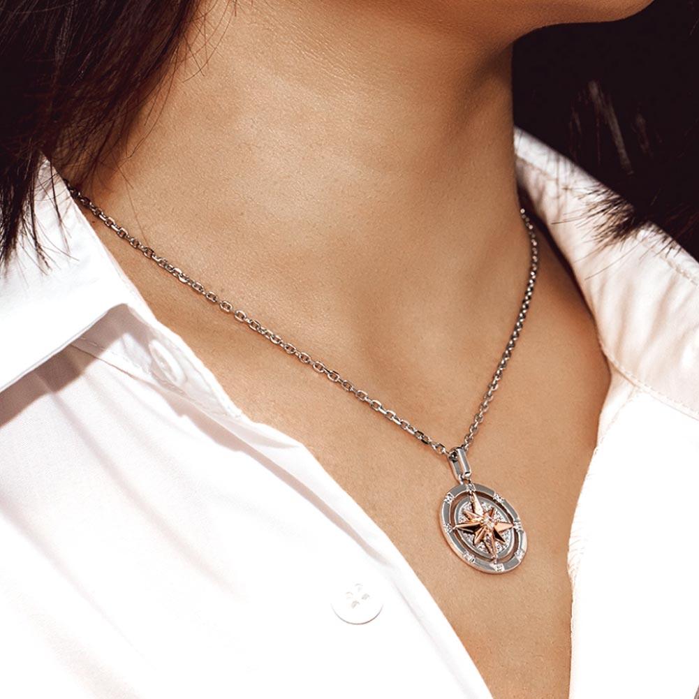 Iced Compass Pendant Necklace in White Gold/14K Gold/Rose Gold Women