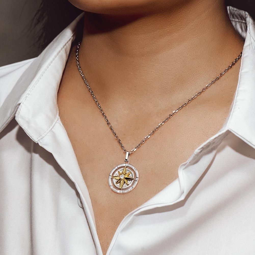 Iced Compass Pendant Necklace in White Gold/14K Gold/Rose Gold Women