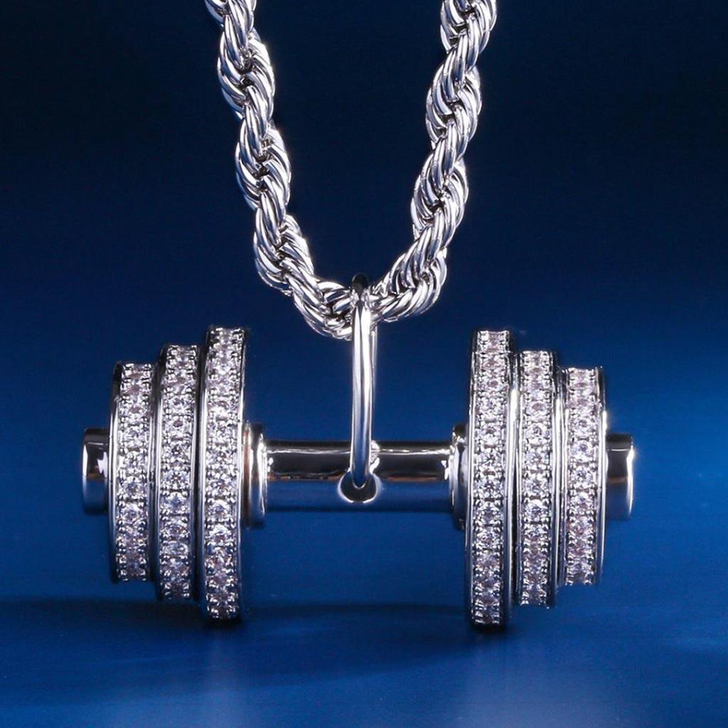 Iced Dumbbell Weight Lifting Workout Pendant White Gold