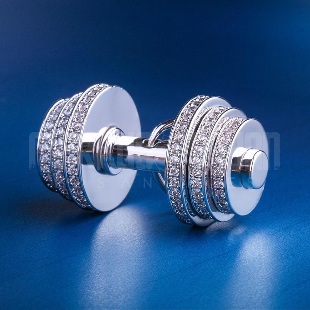 Iced Dumbbell Weight Lifting Workout Pendant White Gold