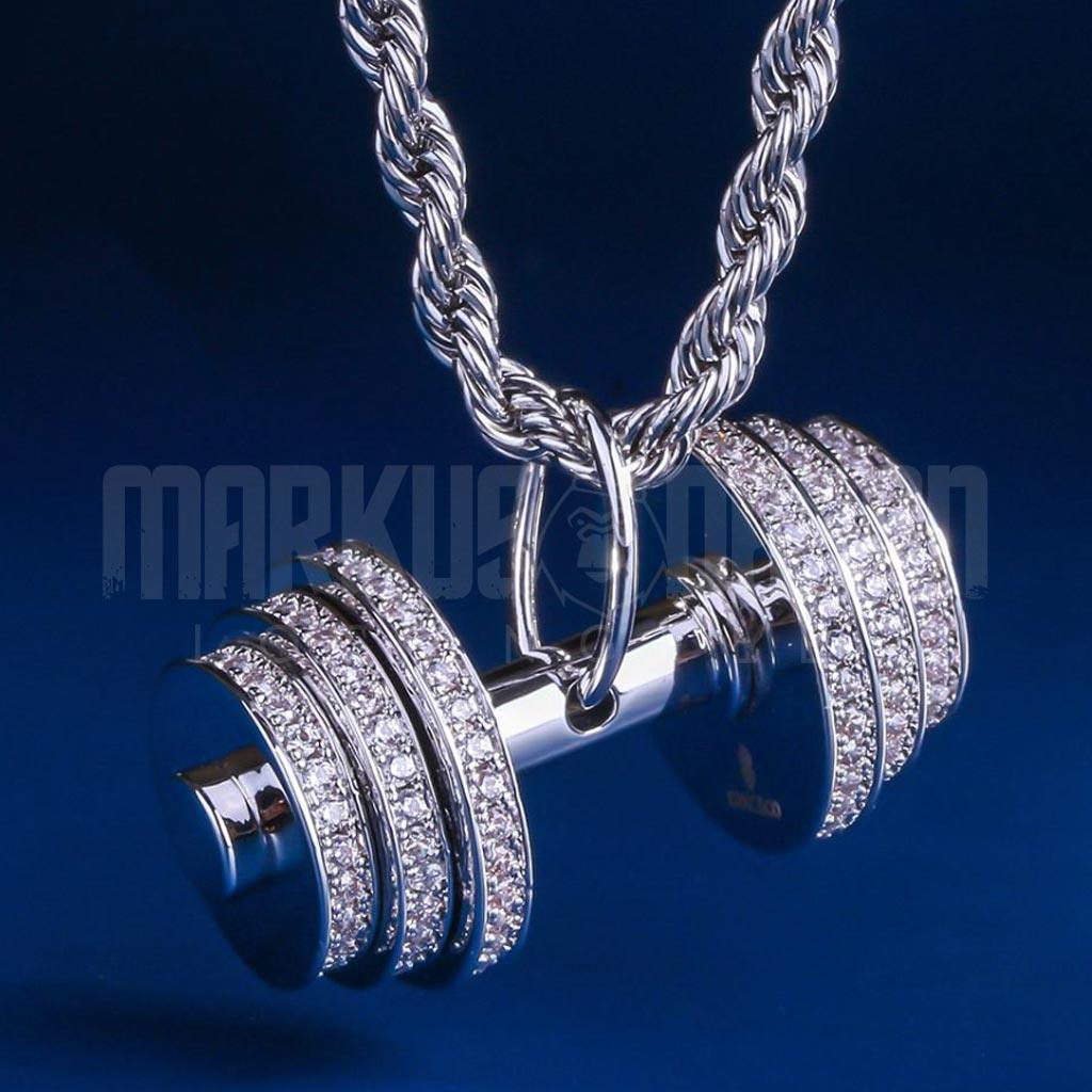 Iced Dumbbell Weight Lifting Workout Pendant White Gold