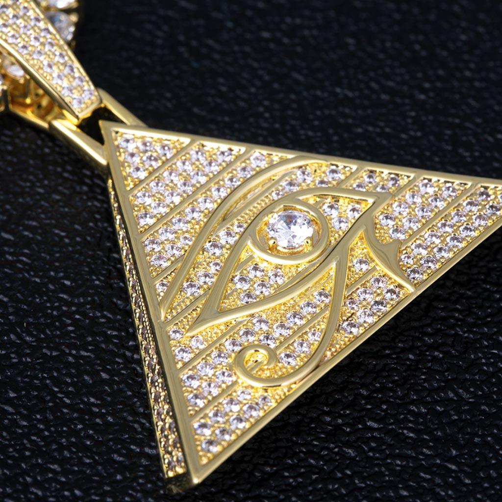 Iced Eye of Horus Pyramid Egyptian Pendant 14K Gold