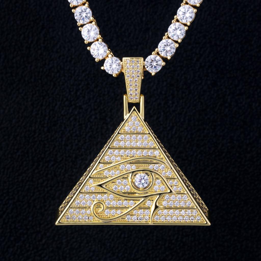 Iced Eye of Horus Pyramid Egyptian Pendant 14K Gold