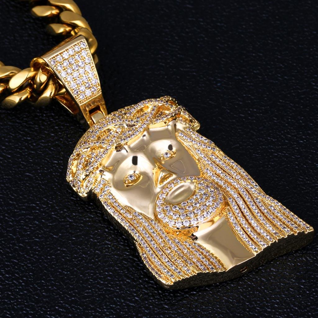 Iced Jesus Head Large Pendant 14K Gold