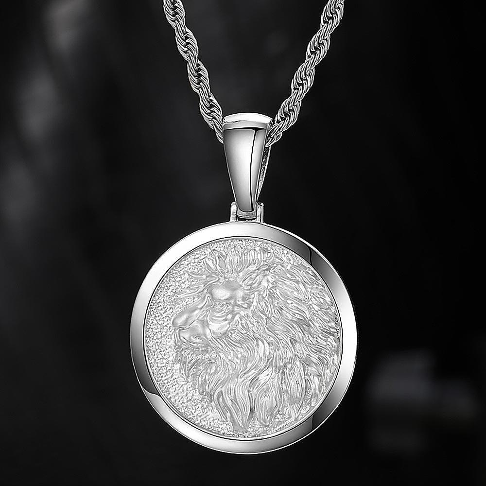 Round Lion Head Silver Pendant Necklace (Free Engraving)