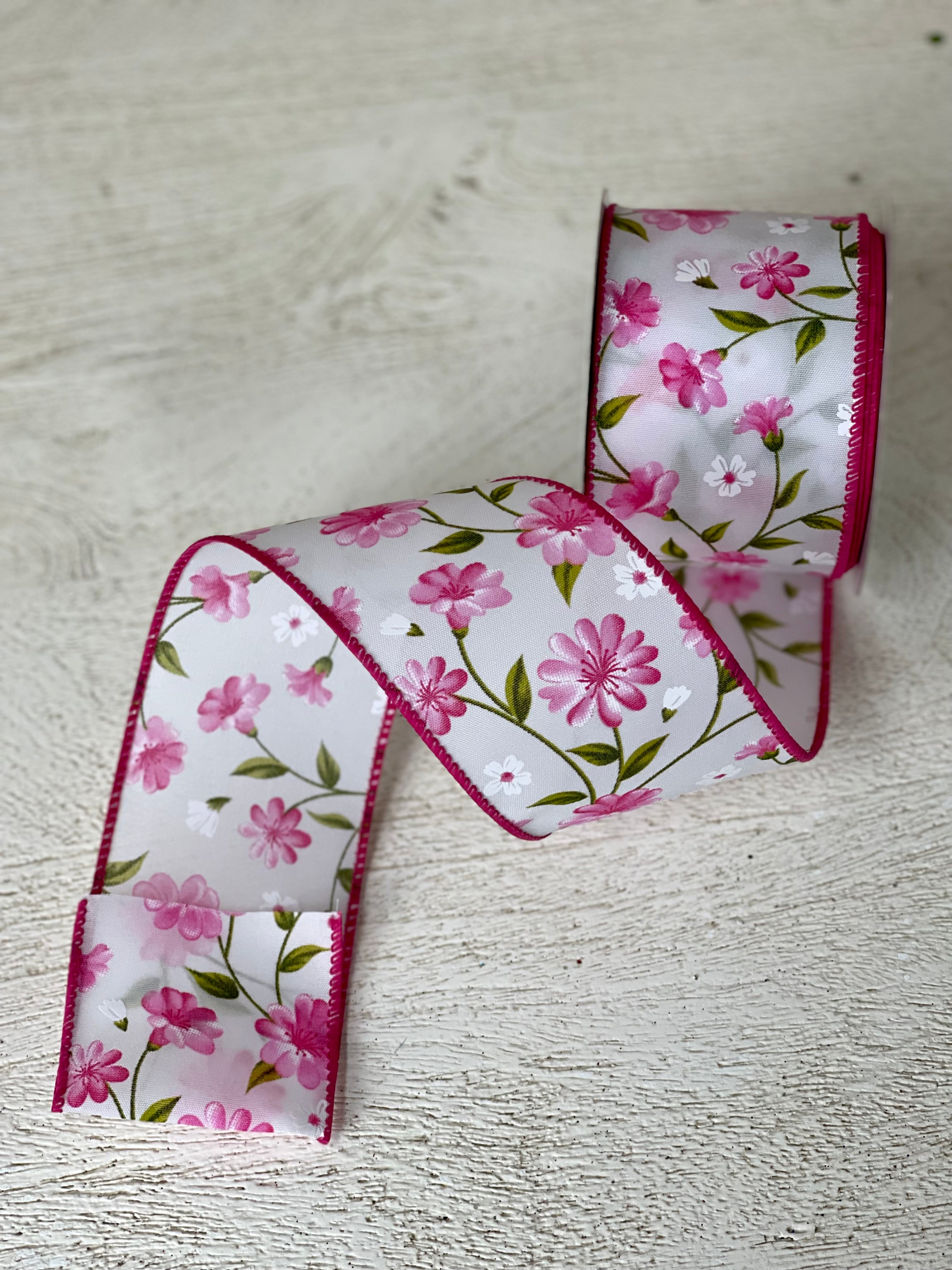 2.5 Inch By 10 Yard Pink And White Flutter Flower Ribbon