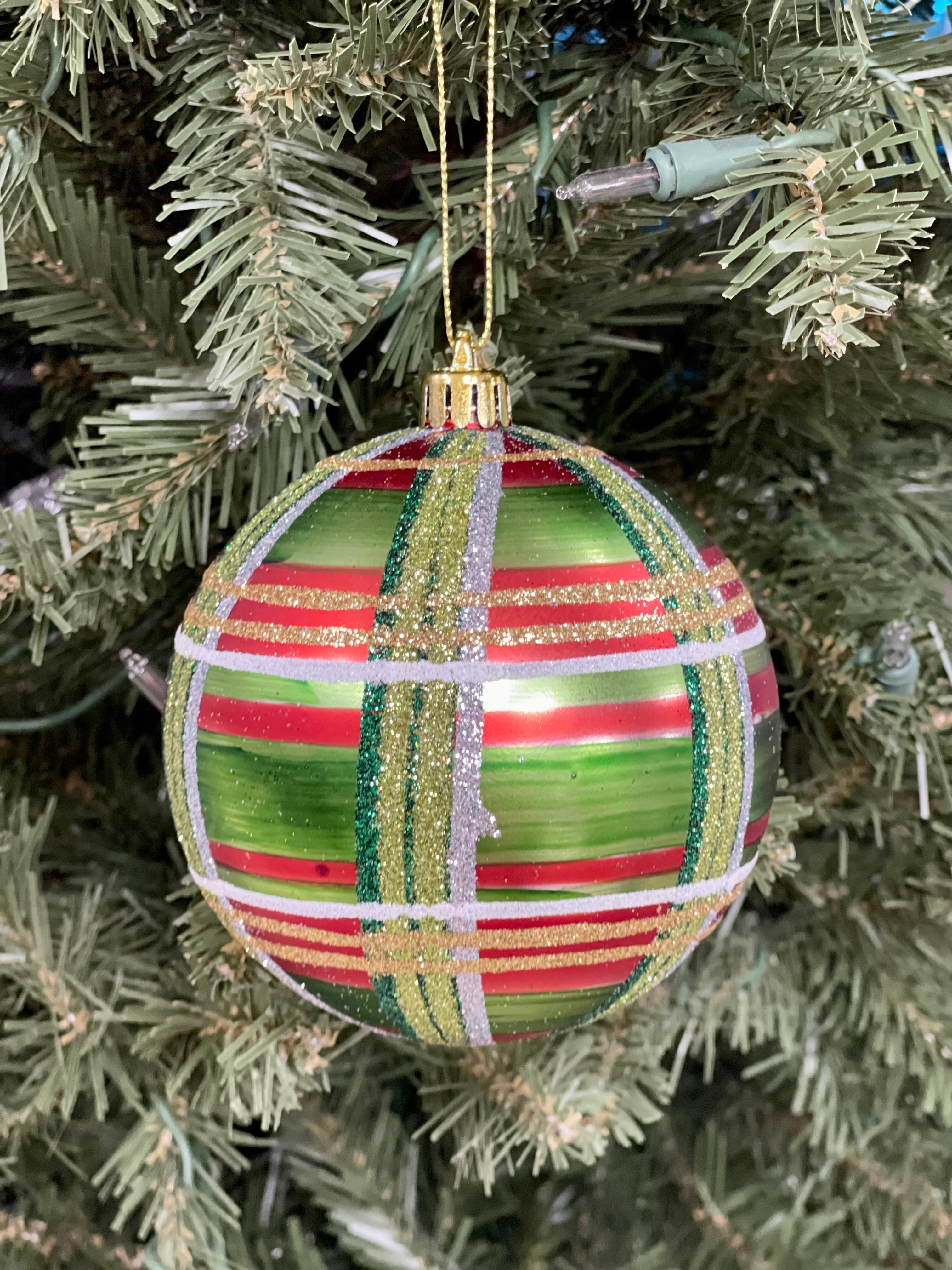 4 Inch Green Red Gold And Silver Glitter Plaid Ornament Ball