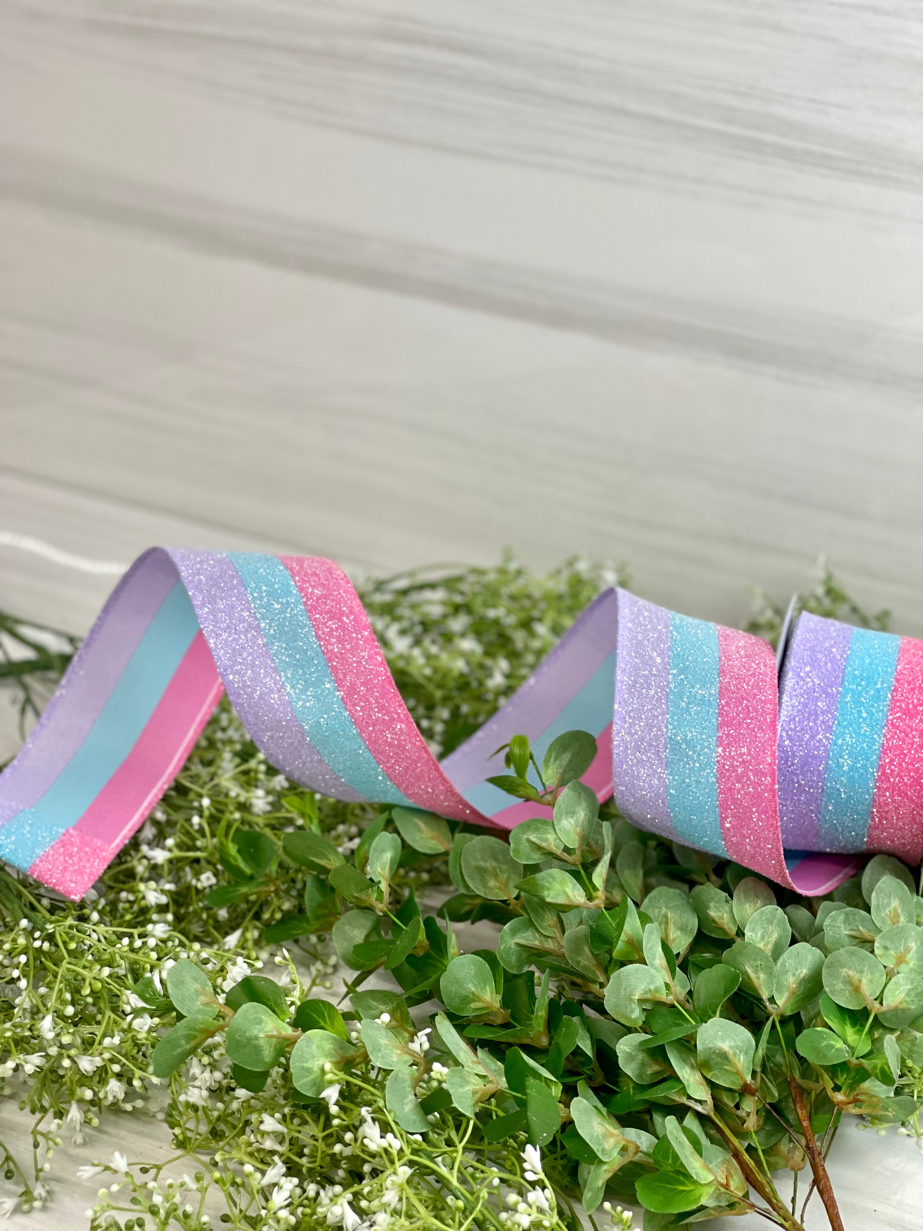 2.5 Inch By 10 Yard Pink Blue And Purple Glitter Striped Ribbon