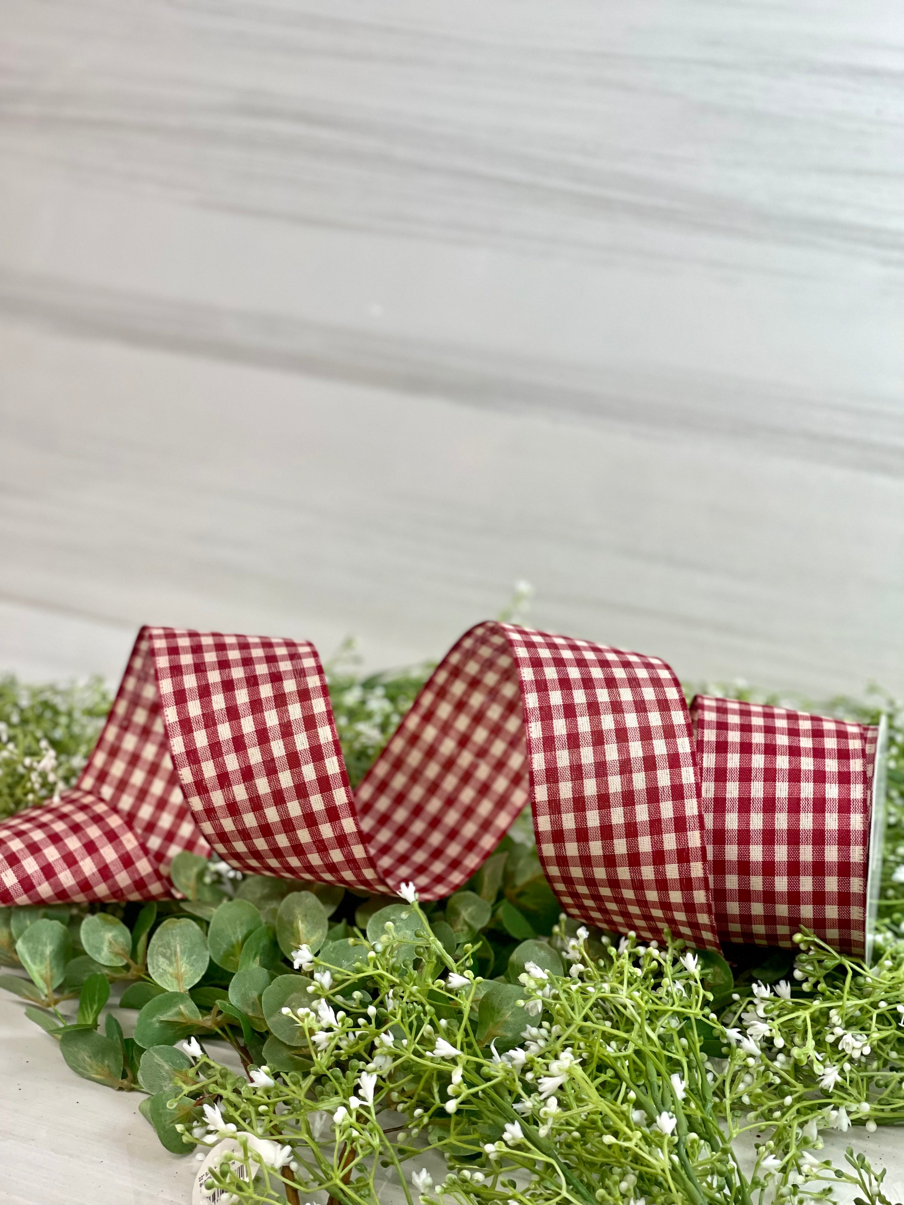 2.5 Inch By 10 Yard Ivory And Red Gingham Check Ribbon