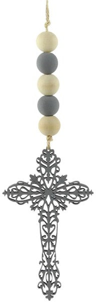 9.5 Inch Natural And Gray Wood Beaded Cross Ornament