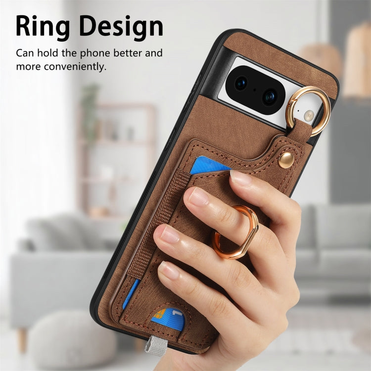 For Google Pixel 8 Retro Skin-feel Ring Card Bag Phone Case with Hang Loop(Brown)