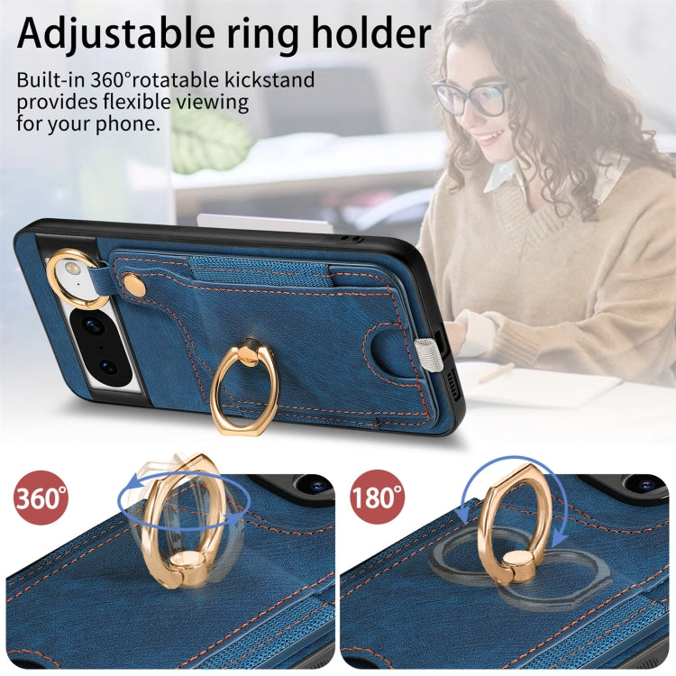 For Google Pixel 8 Retro Skin-feel Ring Card Bag Phone Case with Hang Loop(Blue)