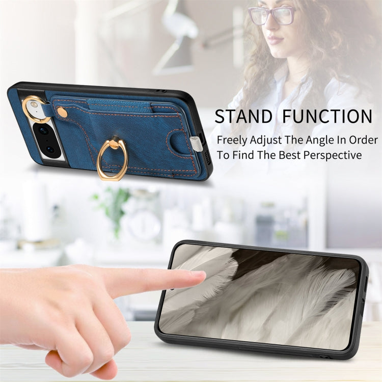 For Google Pixel 8 Retro Skin-feel Ring Card Bag Phone Case with Hang Loop(Blue)