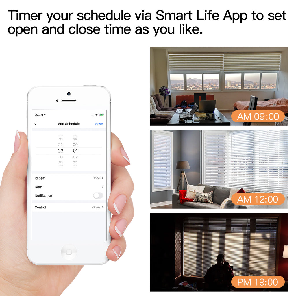 Timer your schedule via the Smart Life App to set open and close times as you like.
