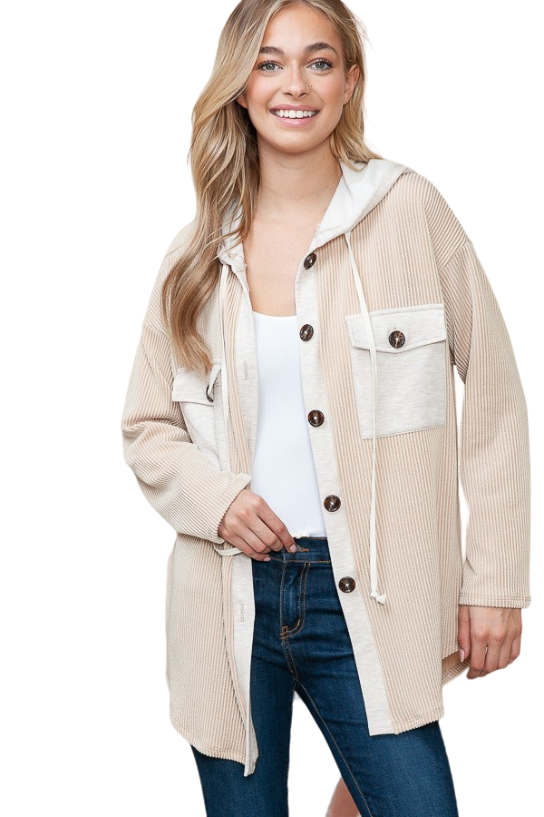 Nude Ribbed Fabric Button Down Hoodie Jacket